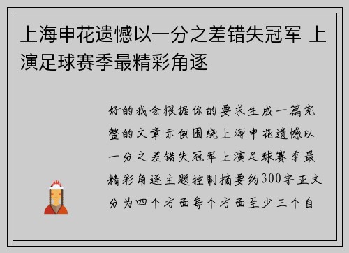 上海申花遗憾以一分之差错失冠军 上演足球赛季最精彩角逐