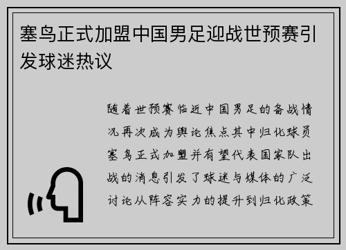 塞鸟正式加盟中国男足迎战世预赛引发球迷热议