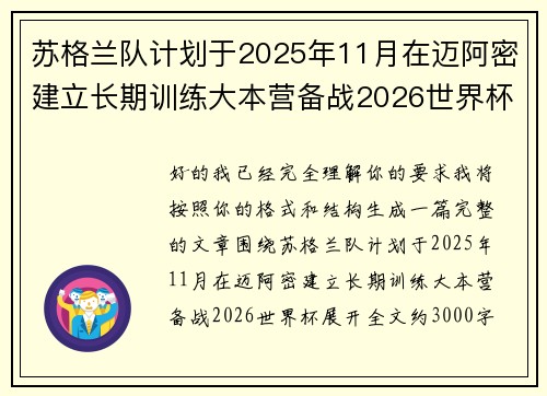 苏格兰队计划于2025年11月在迈阿密建立长期训练大本营备战2026世界杯